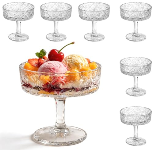 Uppsättning av 6 ribbade coupéglas 300 ml, vintage martiniglas med handtag | Dessertglas för glass, tiramisu, pudding, cocktailglas, eleganta champagneskålar i retrodesign, glas serveringsskålar