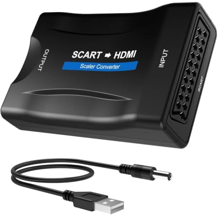 Convertidor HDMI a SCART 1080P, Adaptador HDMI a SCART con Cable USB, Adaptador HDMI a Euroconector Compatible con PS3 PS4 PS5 Xbox DVD BLU-Ray TV Box, HDMI to SCART PAL NTSC