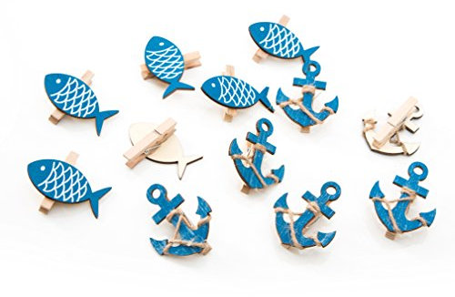 Logbuch-Verlag set 12 molletta decorativa forma di pesce ancora azzurro blu bianco legno decorazione marittima bagno festa tavolo