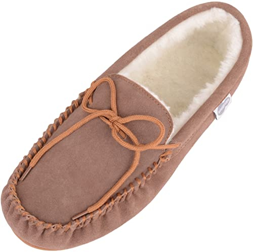 Mocassins/Pantoufles en Peau de Mouton pour Hommes Marron Clair avec Semelle en Caoutchouc. EU 46