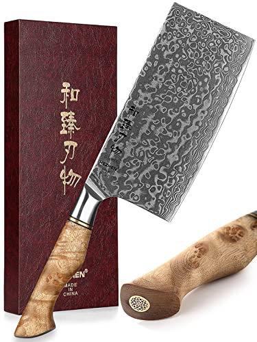 HEZHEN 67 strati in Acciaio Damasco ad Alto Tenore di Carbonio, Coltello da Mannaia,Coltello da Cuoco Cinese,Manico in legno di Sicomoro Figurato,Squisita Confezione Regalo…