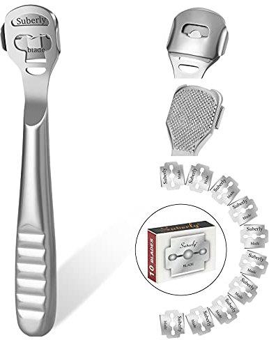 URAQT Hornhauthobel Edelstahl, Fußschaber Rasierer, Fußfeile Raspelfeilen Abgestorbener Hautentferner mit 10 Ersatzklingen für Fußpflege Pediküre
