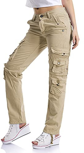 Aeslech Pantalon cargo pour femme - Pantalon de travail - Coupe droite - Décontracté - Avec poches - Kaki - 36 - UK 14