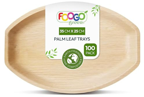 FOOGO Green 100 Bandejas Desechables de Hoja de Palma, Ovaladas Grandes 35x25 cm, Pizza, Entrantes, Canapés, Charcutería, Resistentes Como las Bandejas de Madera para Comida Caliente y Aperitivos