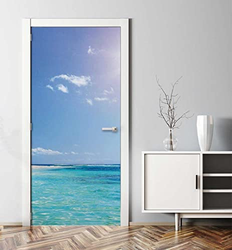MyMaxxi - Tür bekleben mit Türtapete Türposter Türfolie Selbstklebend 90x200 Urlaubsort mit Palmen und Strand - Tür verschönern Türaufkleber Türklebefolie Warm Insel Meer blau