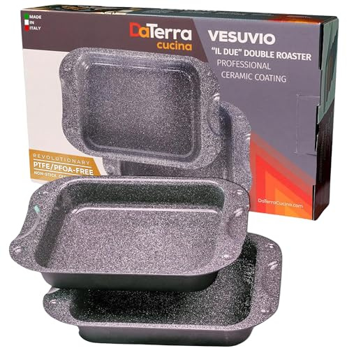 DaTerra Cucina - Nonstick Ceramic Coated Dual Roasting Pan Set – 2 Identical Pans, Oven Safe, Ideal for Roasting, Baking, Searing, Braising, Casseroles, Fits Most Toaster Ovens - 13 x 8 x 4.25