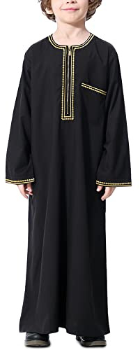 KRUIHAN Ragazzi Jubba Thobe,Maniche Lunghe Bambini Abaya Kaftan,Vestiti di Preghiera Musulmani per i Ragazzi,Nero,150(11-12Y)