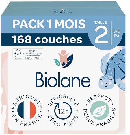 Biolane Windel Größe 2 ökologisch - Biolane - Größe 2 (3-6 kg) - Für empfindliche Haut - Besonders absorbierend, Keine Undichtigkeiten, 12 Stunden trocken - Ein-Monats-Packung 168 Windeln
