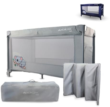 Mobiclinic®, Cuna de Viaje, Bolsa Transporte, 2 en 1, Plegado ultracompacto, Colchón extraíble, Mofli, hasta 15kg, Tela Transpirable, Entrada Lateral con Cremallera, Parque bebé, Ruedas (Gris)