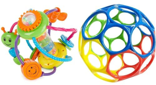 Bieco Motorikball für Babys ab 6 Monate | Greifball und Beißring mit Rassel & Bright Starts, Oball Classic, flexibler und leicht zu handhabender Ball