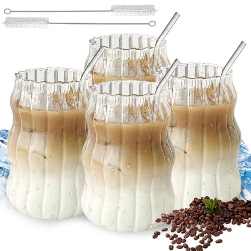 4 Stück Latte Macchiato Gläser: 500ml Cappuccino Kaffeegläser Set Mit 4 Strohhalm und 2 Strohbürste, Teegläser, Geriffelte Dessertgläser, Spülmaschinenfest
