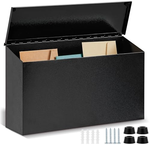 Yaocom Wall Mount Mailbox for Outside 15.35 x 9.45 x 3.94 Inch Large Metal Rustproof Black Drop Box with Ample Storage Space to Accommodate Standard Sized Letter Magazine Check for Home