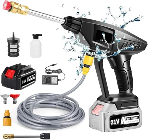 Nettoyeur Haute Pression sans Fil, Pistolet à Eau Haute Pression sur Batterie, 60 Bars, Pistolet à Eau éLectrique, avec 1 Batterie, Chargeur et Tuyau de 5M, pour Jardin et Voiture (Noir)