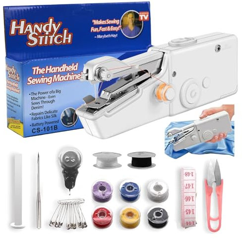 Handheld Sewing Machine, Portable Mini Sewing Machines White, Sew Simple Hand Stitching Machines, Beginners Sewing Machine with Sewing Accessories, Suitable for DIY, Garments, Curtains, Home Travel