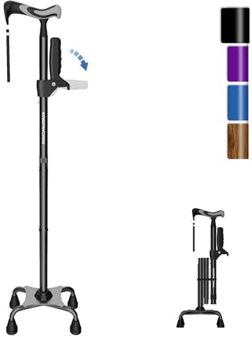 KingPavonini Walking Cane for Women/Men with Second Handle, Foldable & Adjustable Quad Cane with 4-Pronged Base for Standing, Lightweight Walking Aid for Seniors & Adults