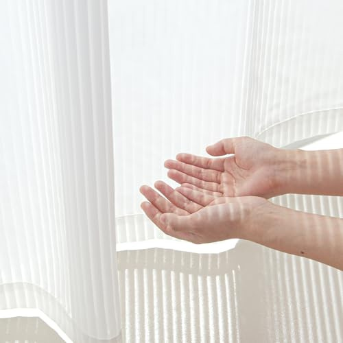PONY DANCE Cortinas Cocina para Ventanas, Visillos Translucidas Rayados con Ojales Curtains for Bedroom/Comedor/Dormitorio 2 Piezas,140x160cm,Blanco