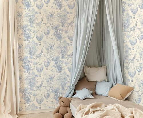 RollsRolla Blue and White Safari Animal Peel and Stick Wallpaper - Cute and Whimsical Birthday Party Backdrop, Baby Shower Decor