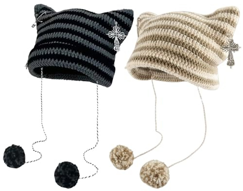 MLPKOI Bonnet Chat De Femme Hiver, Crochet Slouchy Hat, Y2K Oreilles De Chat Chanvre Fleurs Bonnet, Bonnets Tricoté Femme Chapeau D’Oreilles, Bonnets Tricoté Femmes Chapeau, Grunge, Bonnet Tricoté