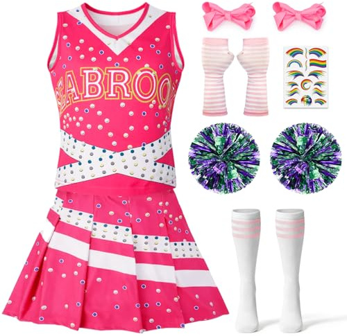 Lozzzyo Déguisement Pompom Girl Fille avec Haut, Jupe, Barrette, Pompons, Gants, Autocollants et Collants pour Carnaval, Halloween, Cosplay et Spectacles (120)