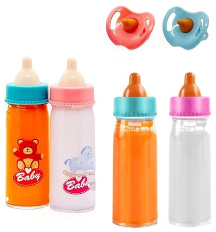 JINJUMEI 4 Piezas Botella de muñeca con Leche y 2 chupetes de muñecas, biberones de bebé con Leche desaparición, Alimentación Simulada, Accesorios para muñecas, Ideal para Niños Partir de 3 Años
