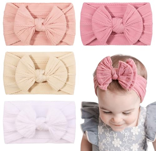 SYEYCW 4 Pièces Bandeau Bebe Fille, Bandeau Bébé Fille, Nylon Souple Hypoallergénique, Élastique Bandeaux avec Nœuds pour Bébé, Bandeaux Accessoires Photo, Cadeau Pratique, 4 Couleurs