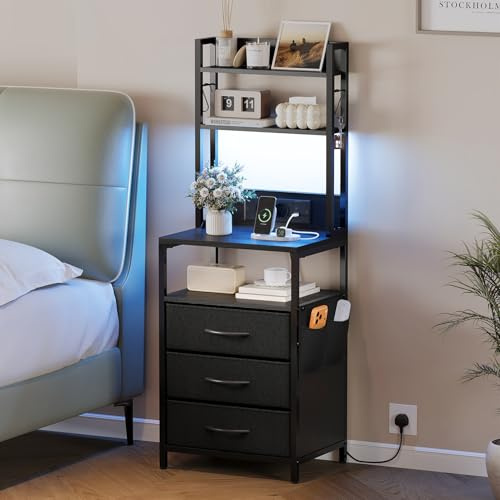 Table de chevet avec fonction de charge et LED, table d'appoint avec 3 tiroirs en tissu, armoire de chevet avec bibliothèque, compartiment ouvert, 2 ports AC, 1 port USB et 1 type C, pour chambre à