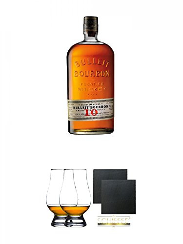 Bulleit Bourbon - 10 Jahre - Whiskey 0,7 Liter + The Glencairn Glass Whisky Glas Stölzle 2 Stück + Schiefer Glasuntersetzer eckig ca. 9,5 cm Ø 2 Stück