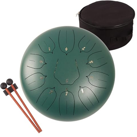 LOMUTY Handpan, Steel Drum,Hand Pan Instrument, Dark Green | Steel Tongue Drum 11 Note 12 Inch C Major, Ethereal Drum for Meditation, Yoga, Rain Drum for Garden with Mallets etc.
