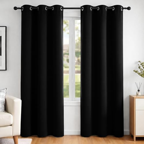 Deconovo Energy Saving and Noise Reducation Thermal Insualted Ring Top Curtains Eyelet Blackout Curtains for Living Room Black 42 x 95 Inch 2 Panels