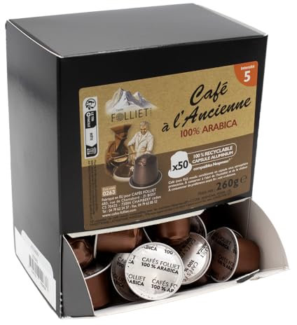 CAFÉS FOLLIET - Café En Capsule - À L'Ancienne - Compatibles Nespresso - Torréfaction traditionnelle - Intensité 5/10-100% Arabica - Café vert - 50 Capsules