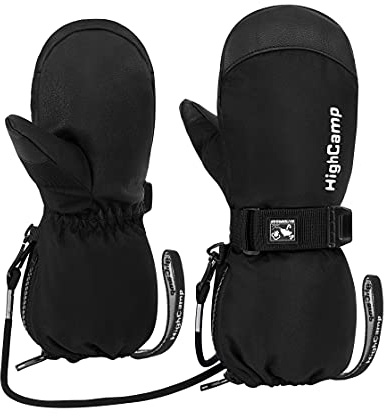 Highcamp Kids Waterproof Snow Ski Gloves w/Zipper & String on Long Cuff Cold Weather Mitten for Toddler & Youth Boys Girls-Black,M (6-8Y)