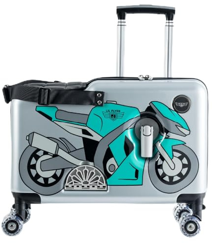 Younglingz LIL FLYER GO Version 2 Ride On Suitcase for Kids | Carry On Luggage with Toddler Seat, Foldable Handlebars, Pedals, and Removable Wheels | Holds up to 80 lbs | Green Motorcycle | Ages 2-6