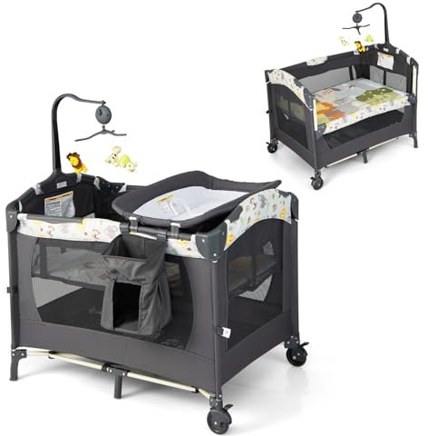 DREAMADE 4 in 1 Kinderreisebett Klappbar, Babybett Höhenverstellbar mit Wickeltisch, Beistellbett mit Tragetasche, für Baby 0-36 Monate