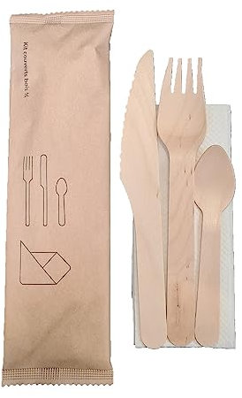 250 kits de couverts 4 en 1 jetables en bois fourchettes + couteaux + cuillères +serviettes