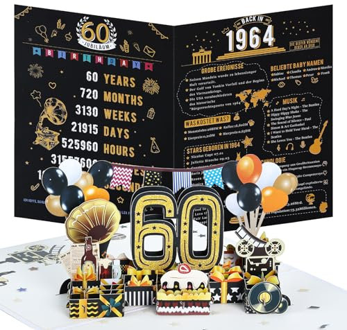 Joyoldelf Geburtstagskarte zum 60, 1964 Jahrgang Geschenk, Pop Up Grußkarten, 3D Pop Up Karte Geburtstag Grußkarte, Geburtstagskarten mit Umschlag, Geburtstagsgeschenk für Männer Frauen Jubiläum