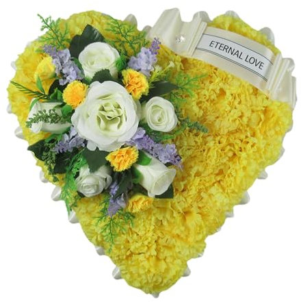 Just Because Silk Flowers Customiseable Artificial Flowers Wreath for Funeral or Grave - Heart Shaped Tribute with a yellow carnation base