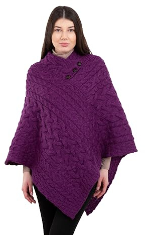 ARAN ISLE Ladies Poncho 100% Virgin Wool Aran Cable Knit Shawl Neck with Buttons Sweater (US, Alpha, Small, Medium, Regular, Regular, Purple Liliac)