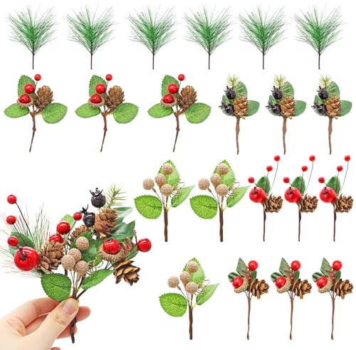 Aleker 21 Pcs Christmas Wreath Making Supplies,Christmas Wreath Decorations,Artificial Pine Cones,Green Pine Branches, Holly Leaves and Berries for Craft,Wreath Making Kit for Christmas Door and Tree