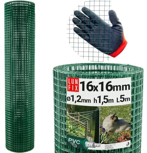 Maschendrahtzaun PVC beschichtet grün Ø1,2mm Maschenweite 16x16mm Höhe 1,5m Länge 5m – Volierendraht, Hasendraht, Hühnerzaun, Kaninchendraht, Wühlmausgitter, Lun Fix