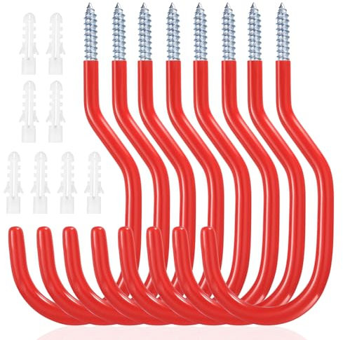 8 Pcs Crochet de Vélo, Support Velo Mural, Crochets de Rangement, Porte Velo Mural, Crochets de Garage, Crochets à Visser pour Plafond de Garage Vélos Outils électriques Tuyaux Arrosage(Rouge)