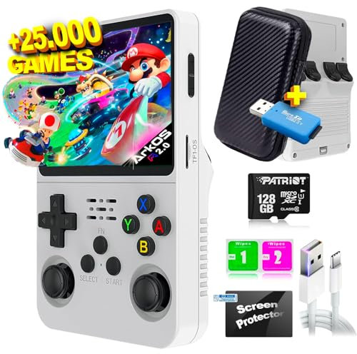 SVP Game - R36S Consola Retro Portatil PS1, n64, nDS, SuperN, GameB, Arcade, Atari, GBA, PSP Consola Portatil 40.000 Juegos Emulador Retro, Game Console, Videojuegos (Blanco 128 GB + Estuche + USB)