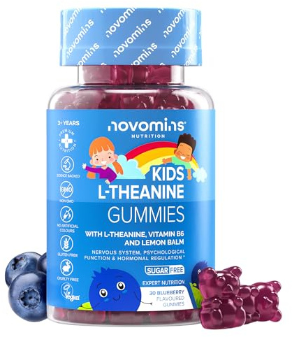 Kids L Theanine Gummies - 1 Month Supply - 50mg with Lemon Balm & Vitamin B6 to Improve Kids' Focus & Concentration - 30 Count - Vegan L Theanine Supplements Gummies - Novomins