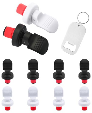ONEBO 10 Pezzi 15mm Tappi per Champagne, Tappi riutilizzabili per Bottiglie di Vino, Tappi per Bevande con Silicone espandibile, con Un apribottiglie in Acciaio Inox (5 Neri e 5 Bianchi)