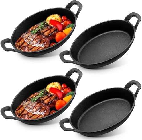 4 Stück Mini Gusseisenpfanne – Kleine Gusseiserne Bratpfanne Schwarz Matt, Servierpfanne Auflaufform Gratinform für Küche Restaurant Grill Indoor Outdoor Picknick (21,5 x 15,5 cm)