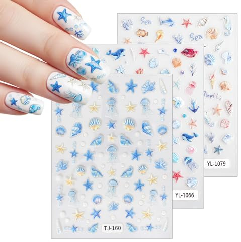 3 Hojas Pegatinas para Uñas, 5D Pegatinas Uñas Autoadhesivas Océano Calcomanías Manicura Autoadesiva Nail Art Stickers Decoración para Mujeres Niñas DIY Diseños Manicura