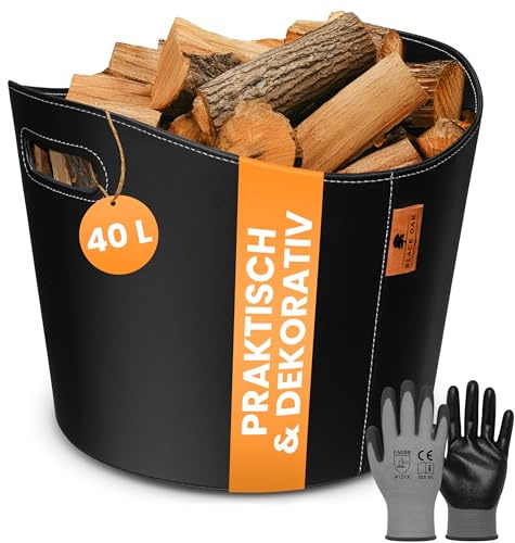 BLACK OAK DAKOTA L 40L - Cesta de madera para leña de chimenea, piel sintética, 30 kg, 40 litros, 40 x 38 x 32 cm, color negro