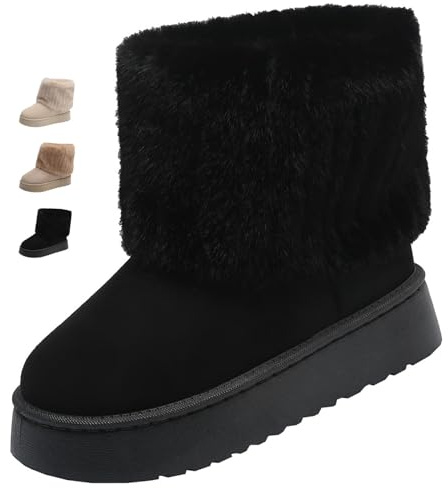 GHTRHSB Bottes de neige en daim pour femme – Bottines d'hiver à plateforme avec fausse fourrure, chaussures chaudes et confortables à enfiler pour femme, Noir , 38 EU
