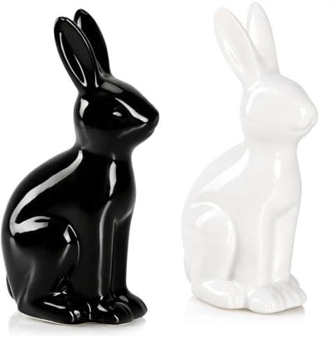com-four® 2x coniglio decorativo in ceramica nero e bianco, statuetta pasquale da appoggio, decorazione primaverile moderna per tavolo e finestra
