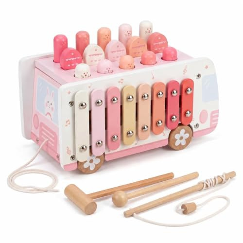 Thirrni Montessori Toys for Toddlers 18 Months to 3 Years, Wooden Hammering Pounding Toy with Xylophone and Magnetic Fishing Game, Educational Birthday Gift for Girls Boys
