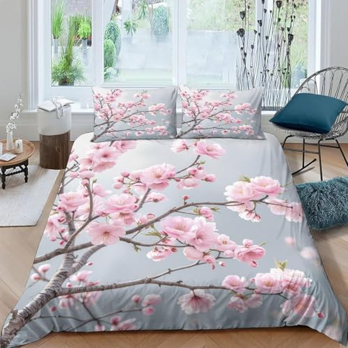 Funda Nordica Cama 80/90 Rama de Flor de Cerezo 3D Ropa de Cama Microfibra Suave Estilo Japonés Funda de edredón 150x200 cm con Cremallera y 2 Funda de Almohada 50x75 L.5497